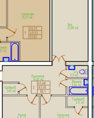 2-комнатная квартира · 89.1 м² · 5/5 этаж, Абая 44