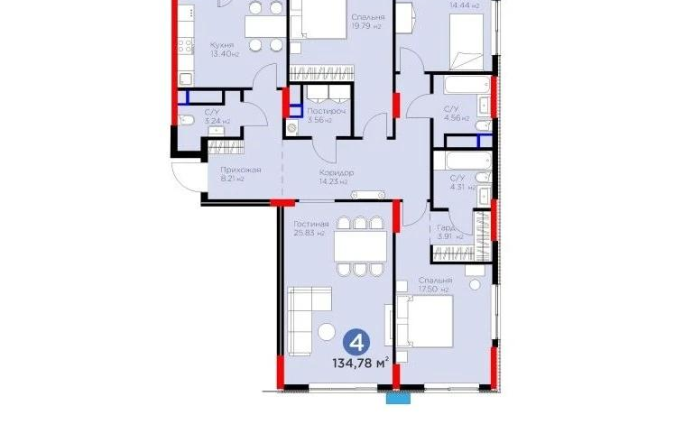 4-комнатная квартира, 135 м², 8/9 этаж, Е-899 2а