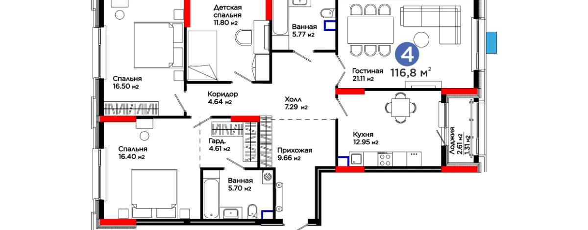 4-комнатная квартира, 116.8 м², Е-899
