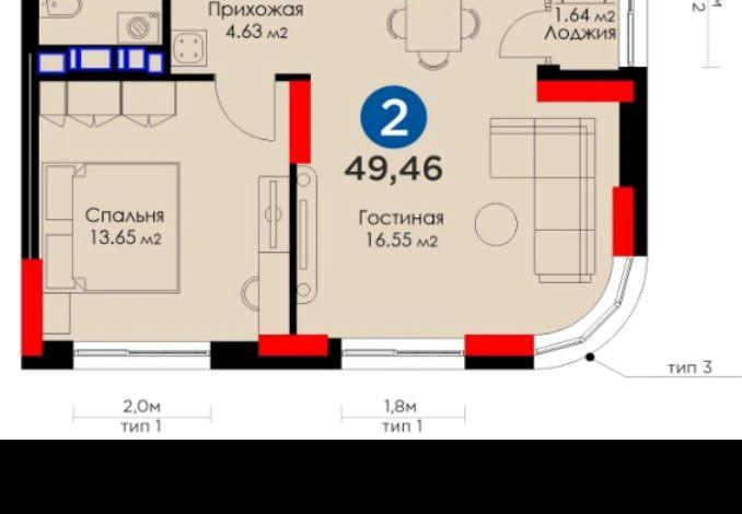 2-комнатная квартира, 50 м², 16/23 этаж, Мангилик Ел 59