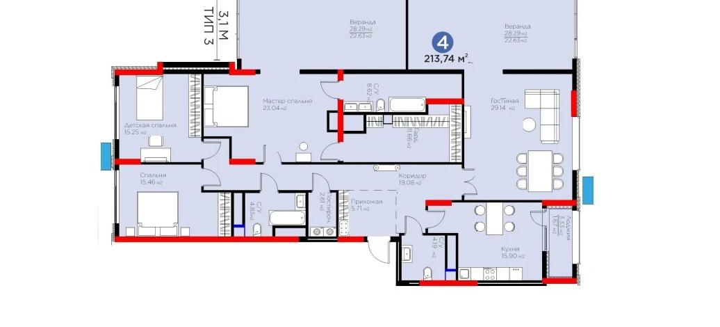 4-комнатная квартира, 213 м², 19/21 этаж, Динмухамед Конаев 3