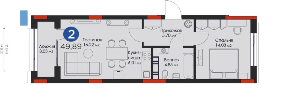 2-комнатная квартира, 50 м², 4/7 этаж, Бокейханова 44