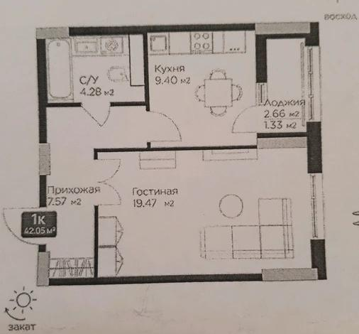 1-комнатная квартира, 42.6 м², 5/18 этаж, Е-36 5