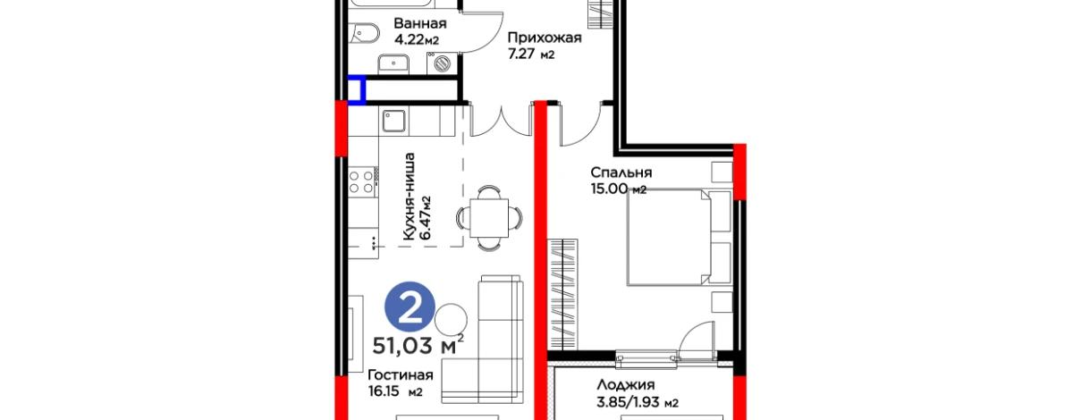 2-комнатная квартира, 51.03 м², 14/17 этаж, Толе би 52