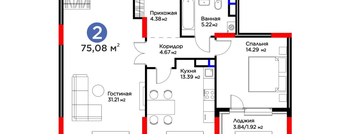 2-комнатная квартира, 75.08 м², 4/17 этаж, Толе би 52