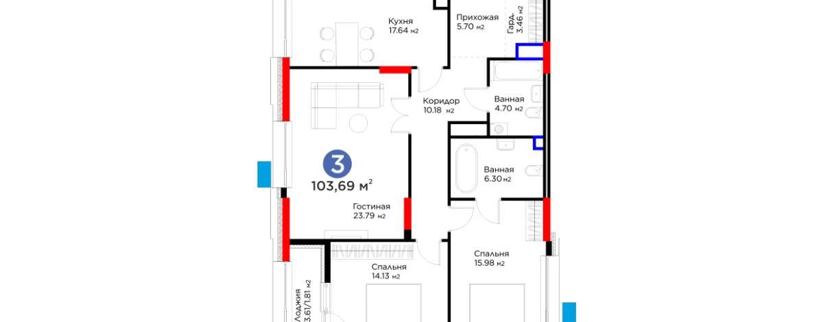 3-комнатная квартира, 103.69 м², 14/17 этаж, Толе би 52