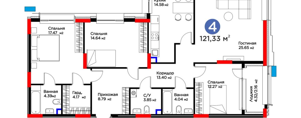 4-комнатная квартира, 121.33 м², Толе би 52