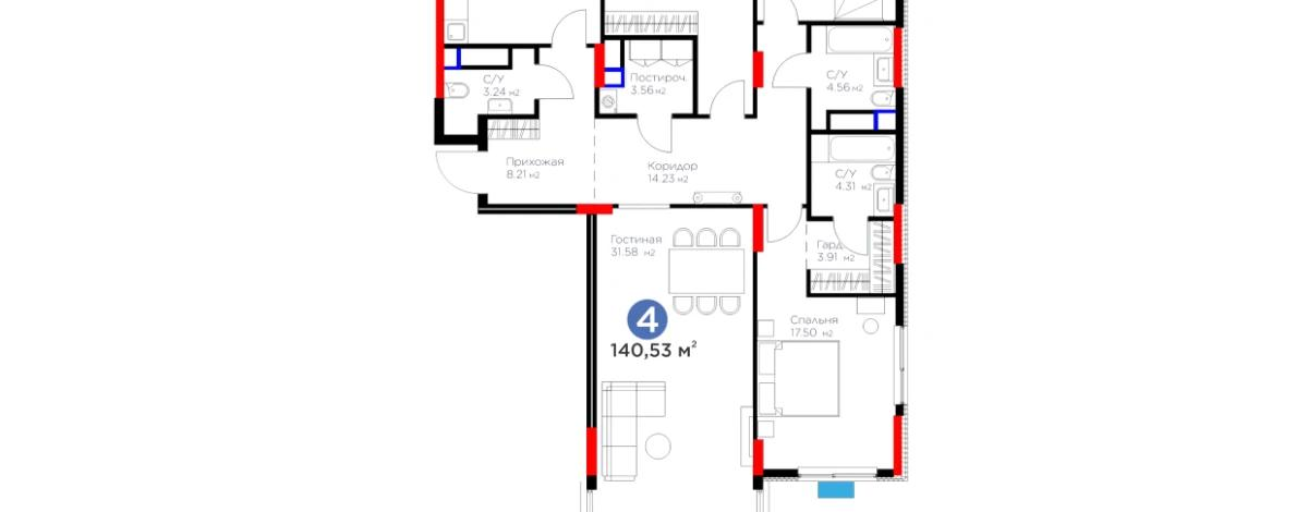 4-комнатная квартира, 140.53 м², 3/9 этаж, Е-899 2а