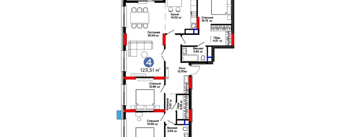 4-комнатная квартира, 123.51 м², 12/12 этаж, Е 796 1