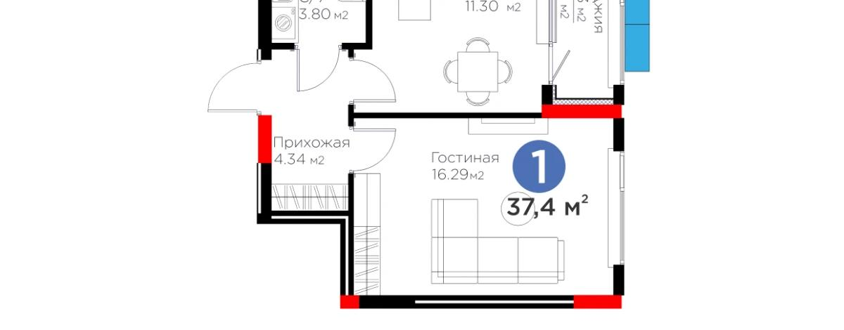 1-комнатная квартира · 37.4 м² · 2/9 этаж, Акберен 4/1