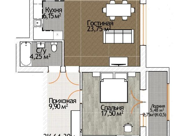 2-комнатная квартира · 64.3 м² · 6/6 этаж, 8-й микрорайон, Карбышева — Чкалова - Карбышева