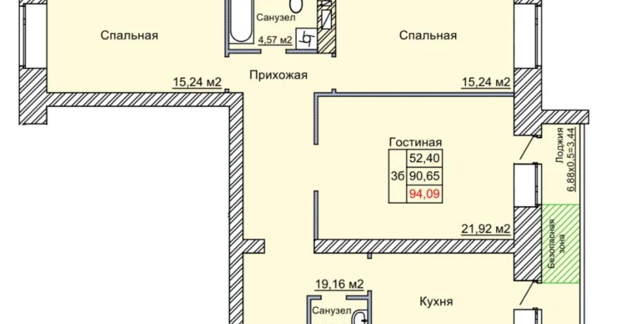 3-комнатная квартира · 94.1 м² · 3/9 этаж, 70-й квартал — Нурсултана Назарбаева