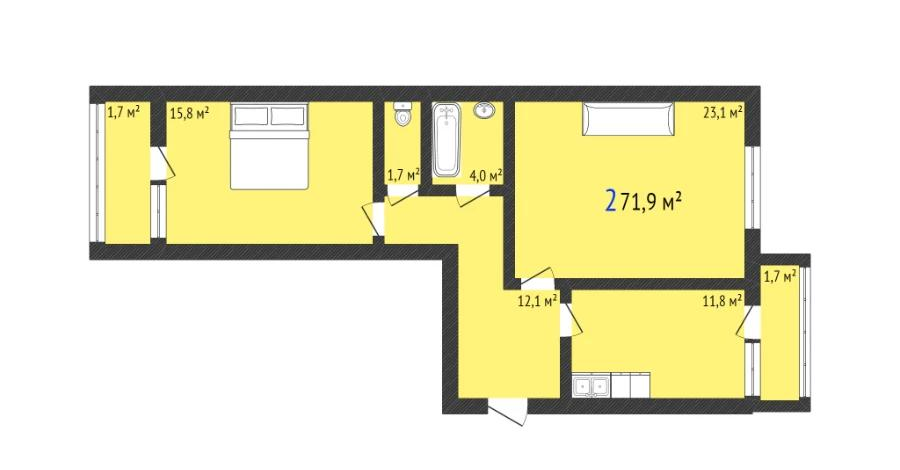2-комнатная квартира · 71.9 м² · 3/5 этаж, Береке