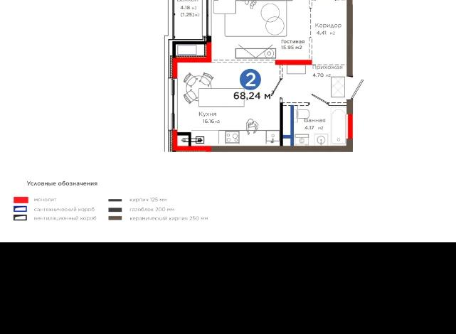 2-комнатная квартира · 68.24 м² · 3/6 этаж, Толеметова — Калдаякова